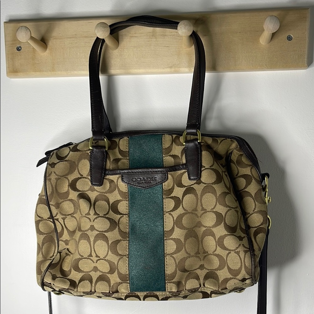 Coach Tan and Green Signature Handbag